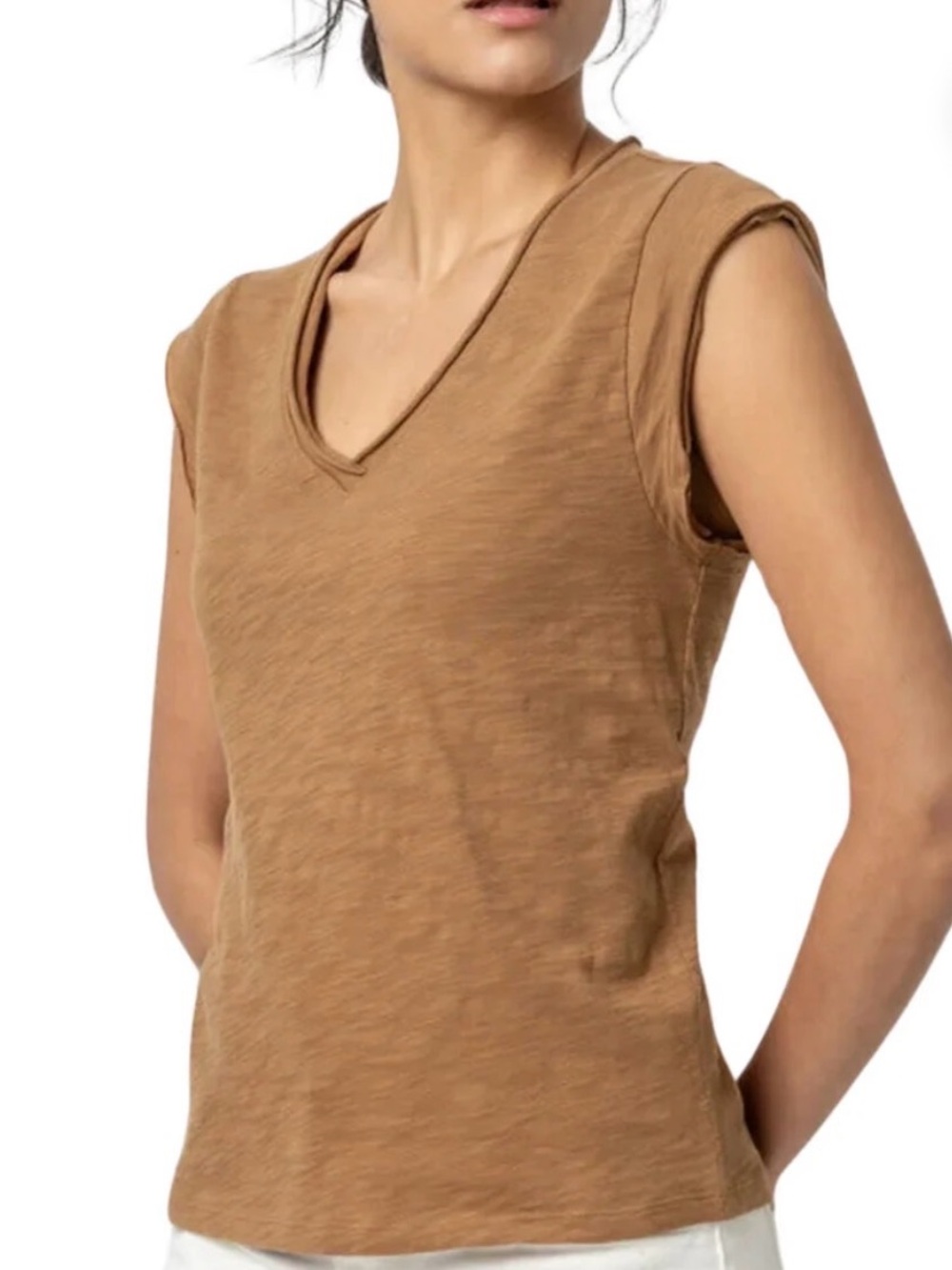 Lilla P Brown Cap Sleeve V Neck Tee Size Large